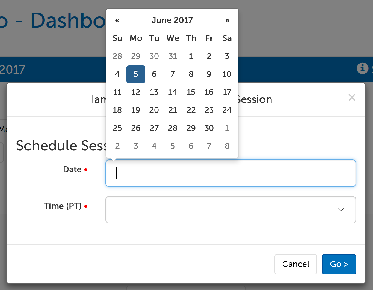 Calendar menu for selecting a session date