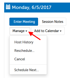 Options for each session's Manage menu