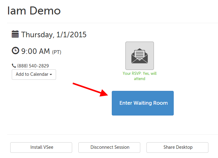 Enter Waiting Room button in the center of the page