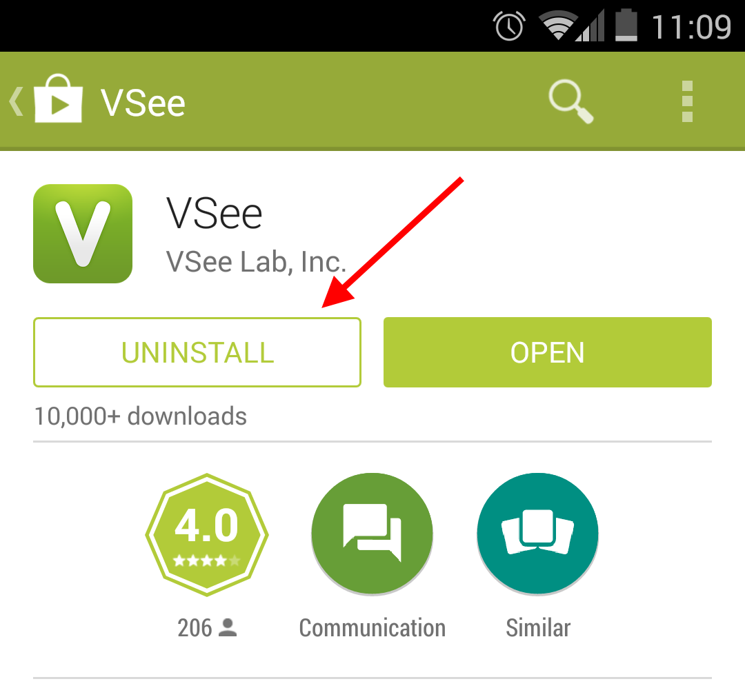Screencap with a red arrow pointing at the uninstall button