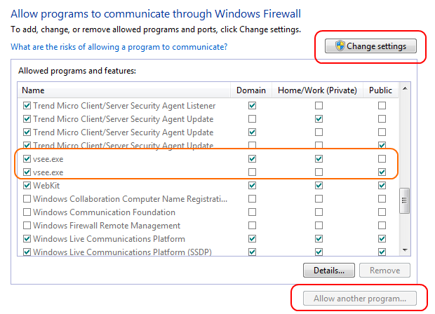 Screencap showing where to find VSee on the program list, along with how to edit the Windows firewall to allow additional programs