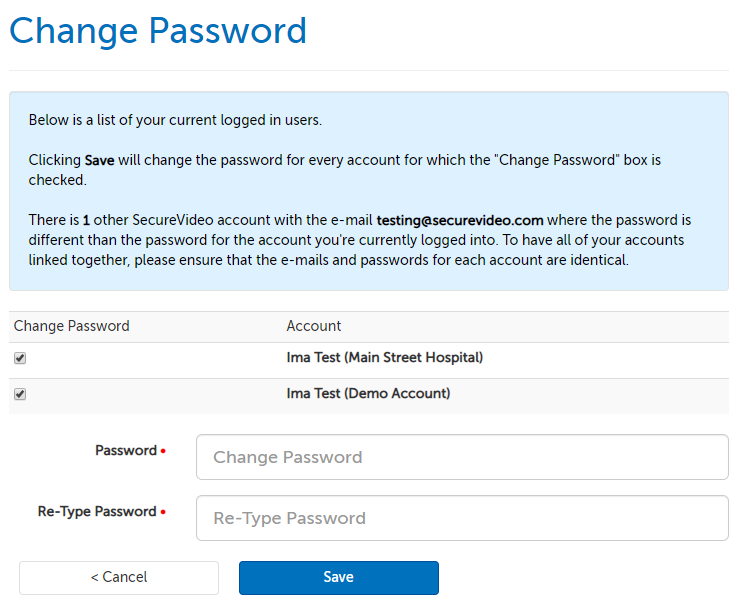 Change password page, listing connected and non connected accounts