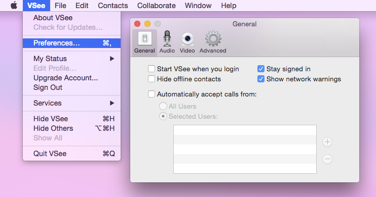 Screencap showing where to find the VSee preferences menu