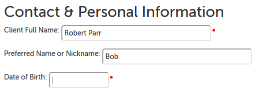 Example questions; full name field has a red dot and "Robert Parr" entered; second field asks for a nickname, has "Bob" entered; third field hasn't been filled out yet, has red dot next to it