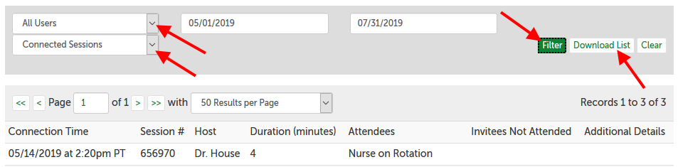 Filter and Export buttons
