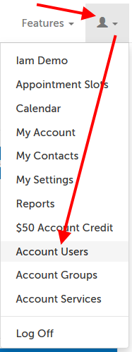 Profile menu; arrow pointing at "glyphicon-user", and then "Account Users" in menu.