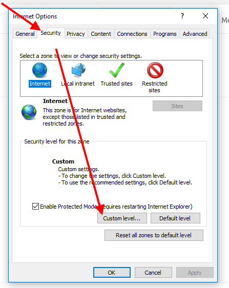 Security tab, button for "Custom level..." settings