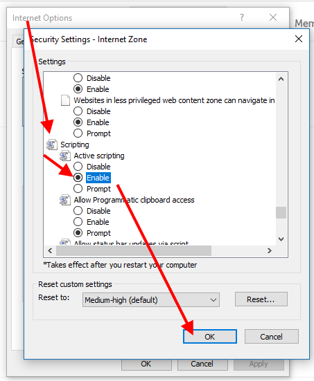 Scripting option, set to Enable