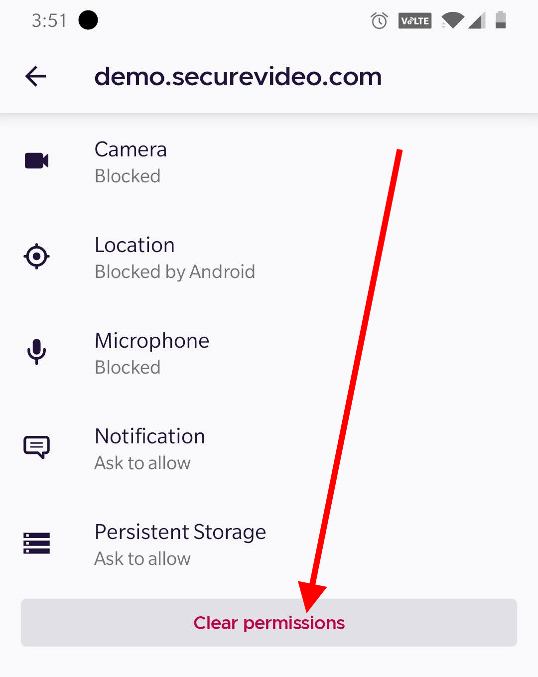 Arrow pointing to "Clear permissions"