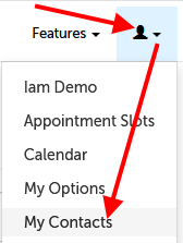 Arrow pointing to profile icon, then "My Contacts" in the menu.