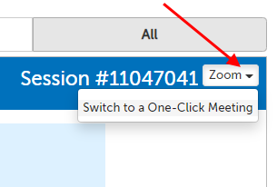 Arrow pointing at the current engine selection, showing "Switch to a One-Click Meeting"